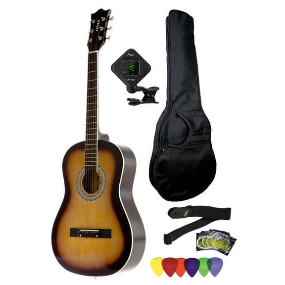 Fever 3/4 Size Acoustic Guitar Package Sunburst with Gig Bag, Guitar Tuner, Picks and Strap, FV-030-SB-PACK
