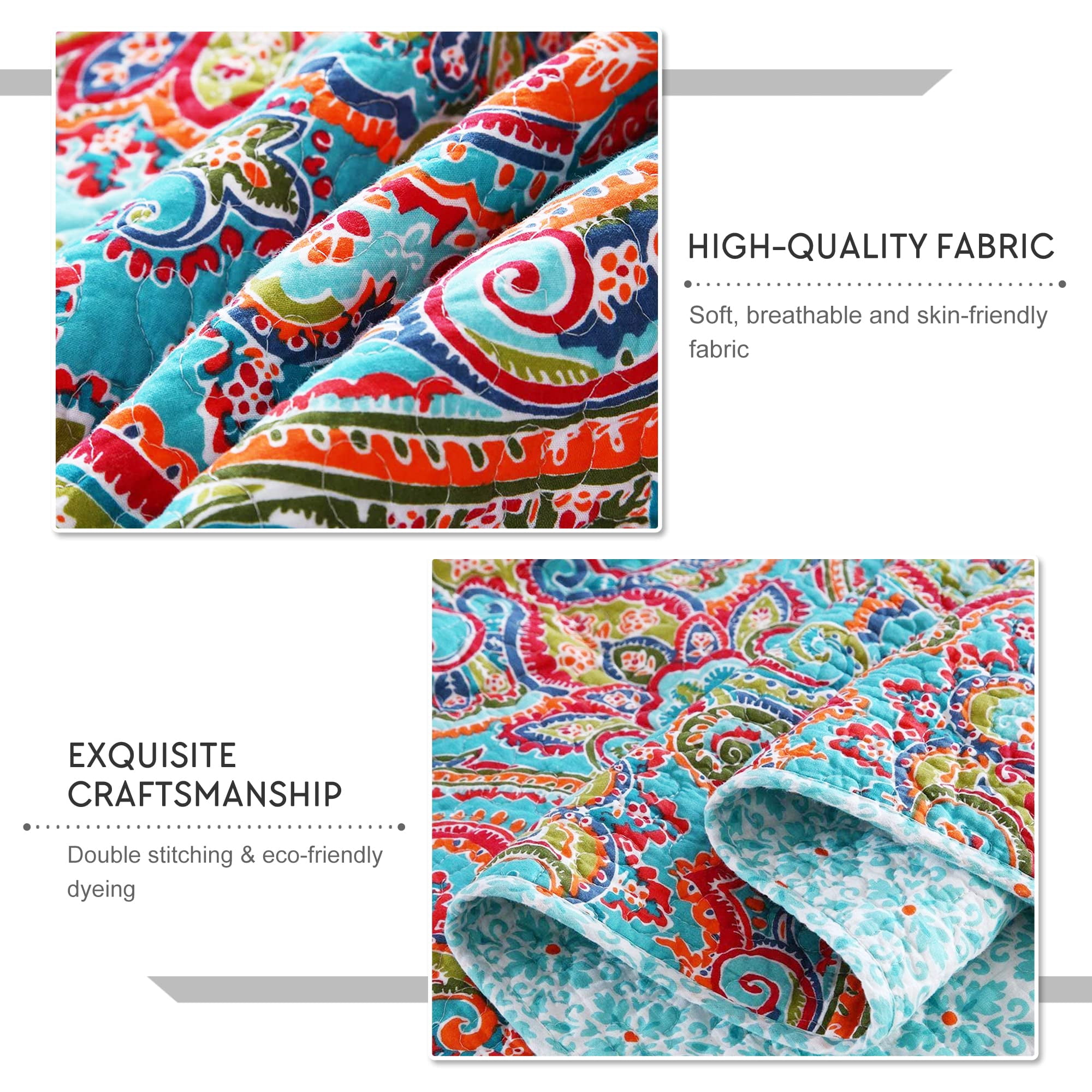 WannaToo Quilt King Size Comforter Cotton Bedding Set with Shams, Red and Blue Floral