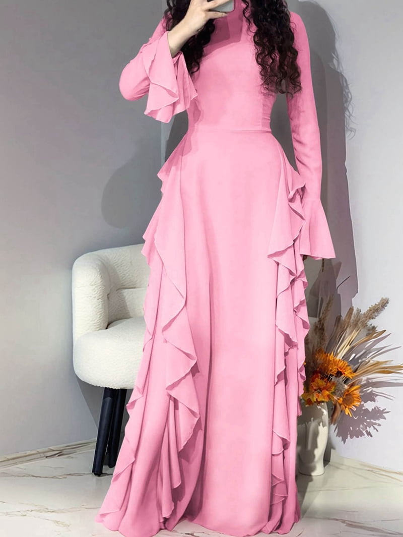 Women'S Bodycon Dresses Elegant Bell Sleeve Ruffle Hem Cocktail Party Long Dress Pink L