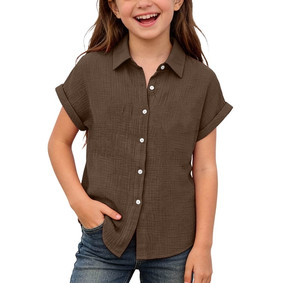 hoksml Kids Cute Solid Color Soft Short Sleeve Button Down Shirt, Unisex Casual Blouse for Back to School