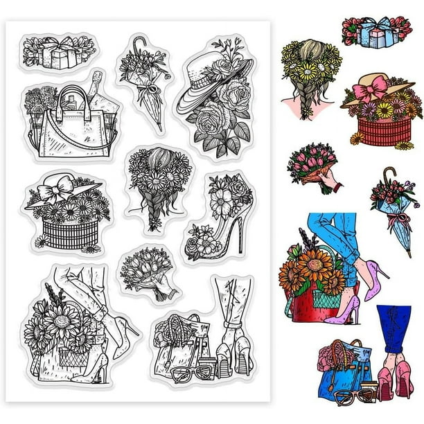 Sellos transparentes para tarjetas con diseño de mujer, flor, silicona transparente, para bolso, sombrero, sello artesanal transparente, sello de goma.