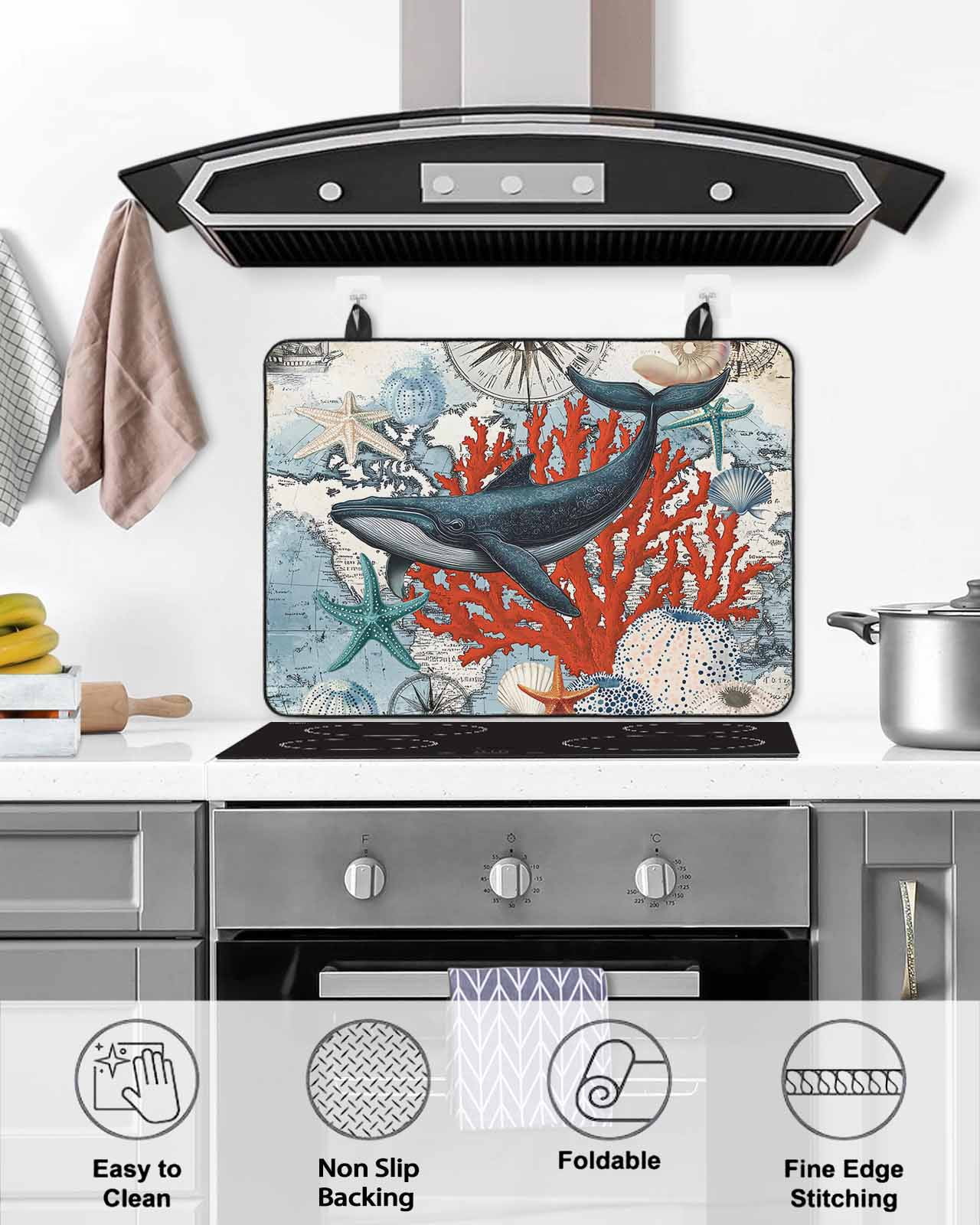 nqOlkjepod Large Induction Cooktop Protector Mat 36"x21", Vintage Whale Stove Top Covers for Electric Stove, Retro Coastal Coral Nautical Ocean Stove Burner Cover Mats, Glass Top Stove Cover