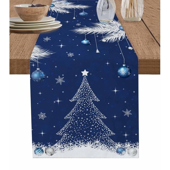 Navy Blue Christmas Tree Table Runner 120 Inches, Xmas Balls Pine Needles Snowflake Bed Runner Dresser Scarves Tabletop for Indoor Outdoor Parties/Ceremony/Banquet, 13"x 120"