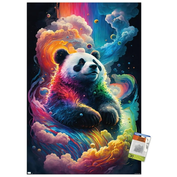 Wumples - Cosmic Neon Panda Wall Poster with Pushpins, 22.375" x 34"