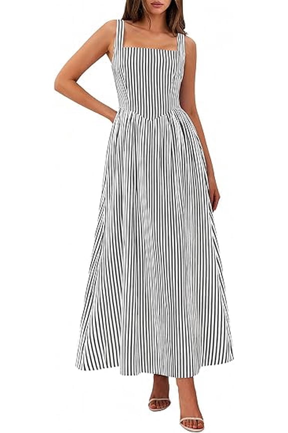 Women's Maxi Striped Dress Summer Sleeveless Square Neck Smocked A Line Long Flowy Spring Vacation Sundress
