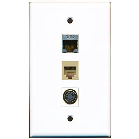 RiteAV - 1 Port Phone RJ11 RJ12 Beige and 1 Port S-Video and 1 Port Shielded Cat6 Ethernet Wall Plate