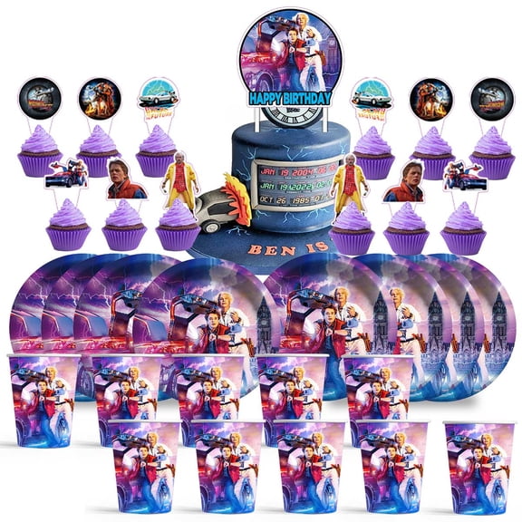 Back to the future Birthday Cups Party Supplies Plates Fans Decorations Cake Topper Decor