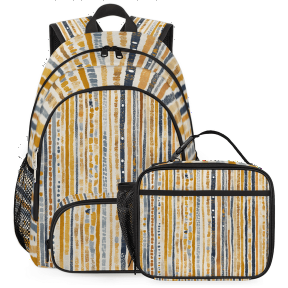 Herdesigns Boho Striped Backpack with Lunch Box Stripe Geometric Lightweight Large Travel Work Laptop Backpacks Set Casual Daypacks