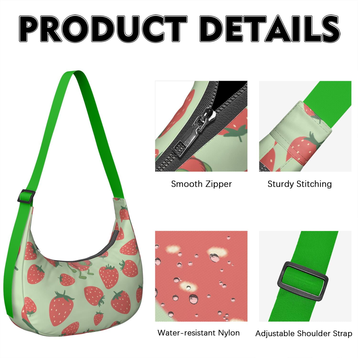 Sweet Strawberry Print Hobo Purse for Women, Red Berry Crossbody Tote, Lightweight Water-Resistant Shoulder Bag, Fresh Summer Fruit Design for Berry Lovers