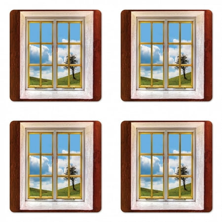 

Rustic Coaster Set of 4 Meadow Grass with Tree Through Window Countryside Rural Cottage Flourishing Image Square Hardboard Gloss Coasters Standard Size Multicolor by Ambesonne
