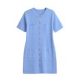 thumbnail image 1 of Vestido mini de punto con bolsillos y botonadura sencilla, estilo vintage, cuello redondo, manga corta, elegante para mujer, 1 of 5