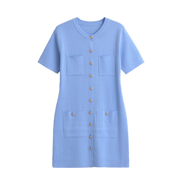Vestido mini de punto con bolsillos y botonadura sencilla, estilo vintage, cuello redondo, manga corta, elegante para mujer