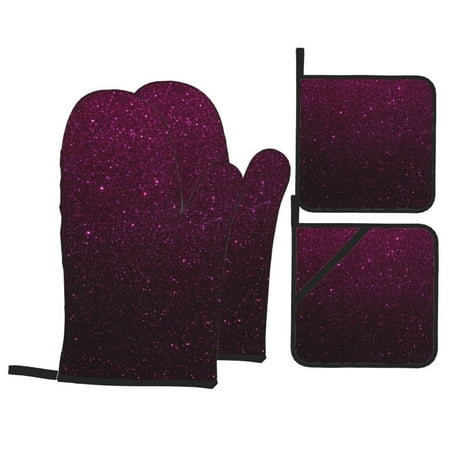 

Oven Mitts and Pot Holders Sets 4 pcs - Dark Purple Glitter Heat Resistant Silicone Oven Gloves with Non-Slip Silicone Surface and hot pads for kitchen Baking Cooking BBQ