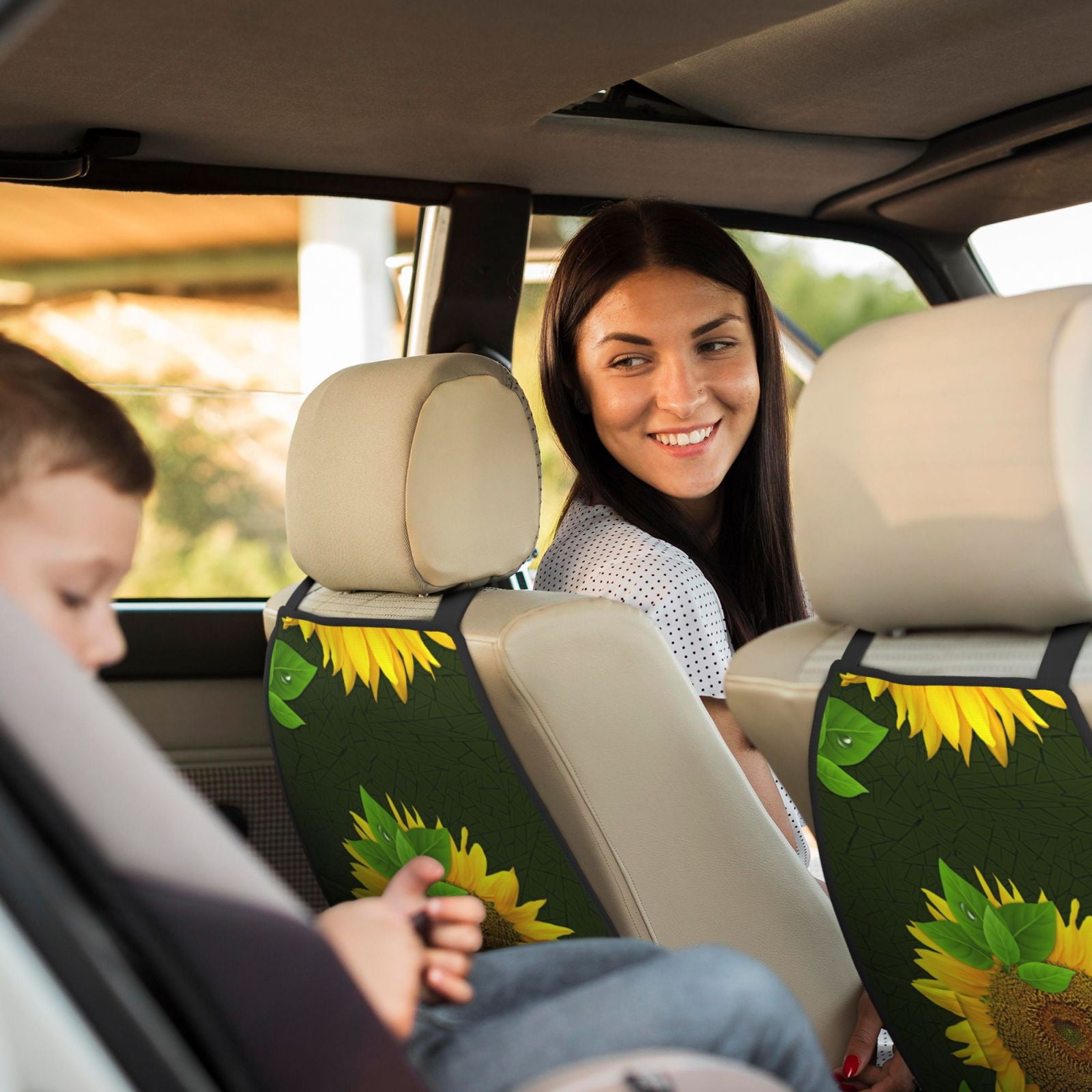 Xecao Sunflower Pattern Car Seat Back Protector 2 Pack Large Capacity Pocket, Kick Mats Back Seat Protector
