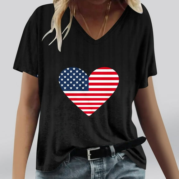 Busydd Womens Tops Independence Day Short Sleeve V Neck Summer Tops Fashion Casual Patriotic Stars and Stripes Tee Tops American Flag Graphic Tees