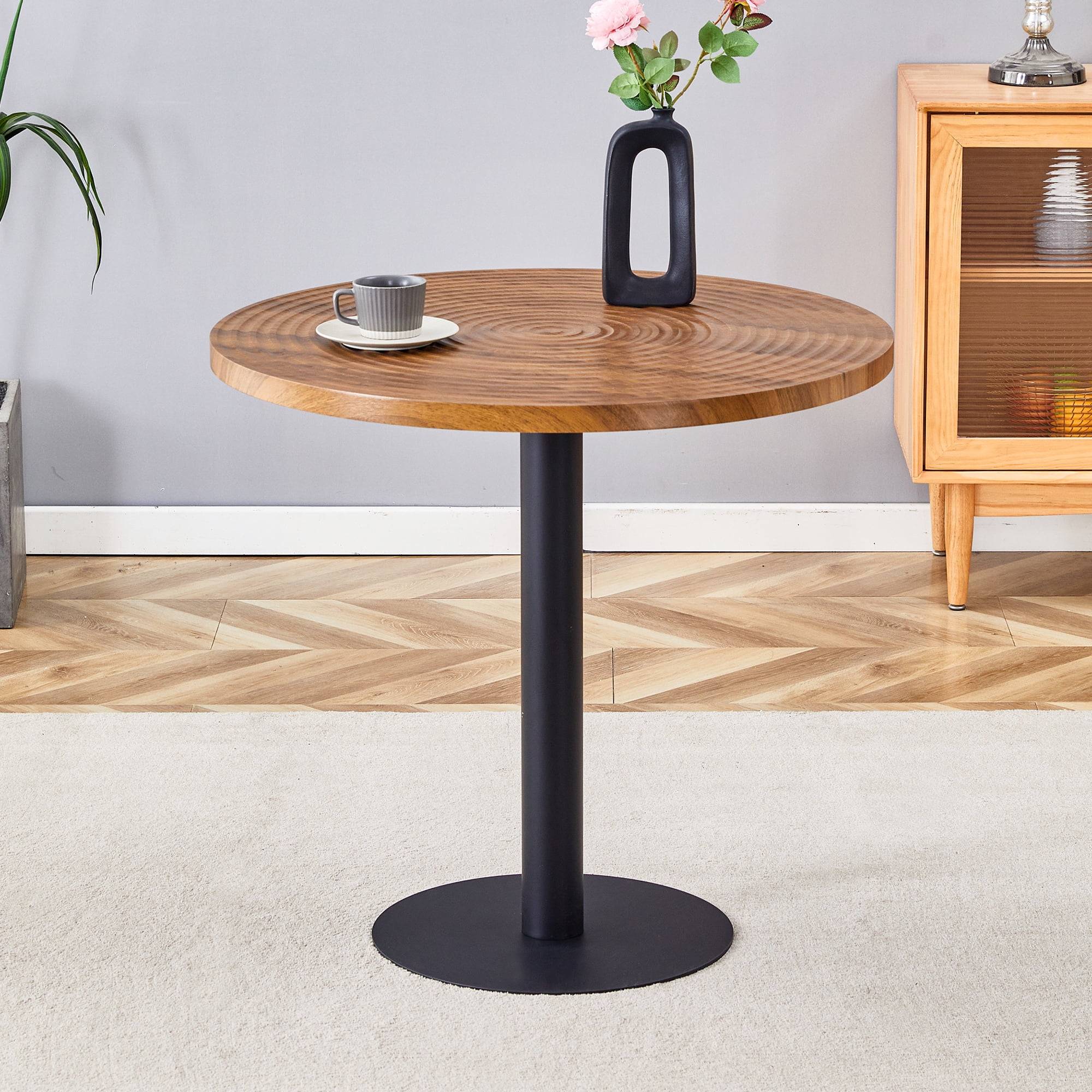 31.5 Inch Round Dining Table, Small Modern Dining Table with Dark Wood Grain Top & Black Metal Pedestal Base, MDF Kitchen Table for Dining Room, Apartment, Breakfast Nook, Compact Space