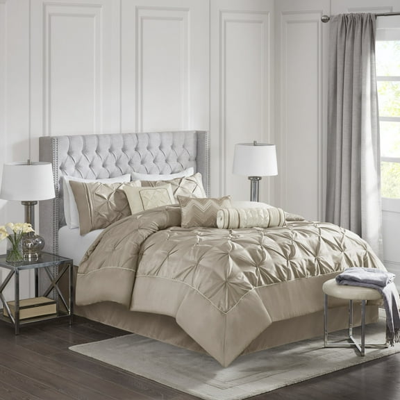 Madison Park Queen Comforter Sets, 7-Piece Tufted Pintuk Bed in a Bag Bed Set, Satin Luxury Taupe Comforter Bedding Set with Decor Pillow