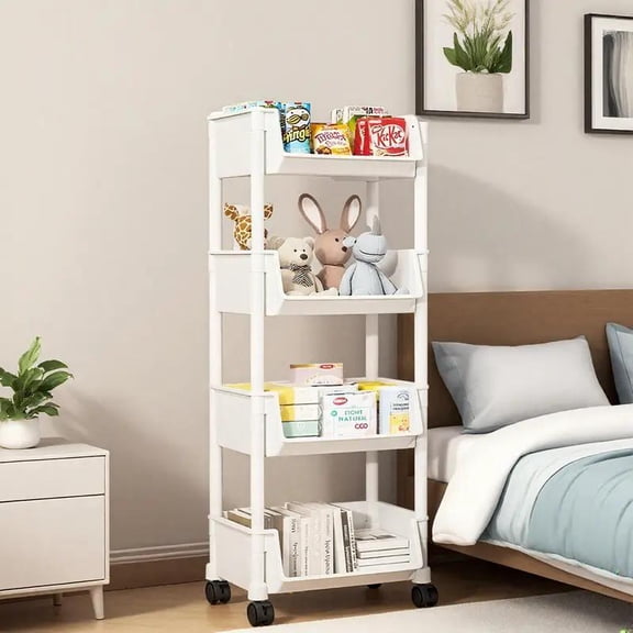 ​​4-Tier Movable Storage Shelf | Minimalist White with Wheels | For Bedroom, Study & Toy Organization | Easy Assembly​​