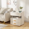 thumbnail image 6 of KISPATTI Night Stand, Small Nightstand with 3 Leather Drawers and Open Storage Shelf, Modern Bedside Table, Couch Nightstand for Small Spaces, Narrow End Tables for Bedroom, White, 6 of 6