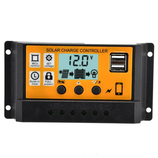 Controlador de carga solar, regulador de panel solar de 12 V 24 V Regulador inteligente con identificación automática LCD y regulador de control de carga PWM de 3 etapas USB doble de 5 V/2,5 A(20A)