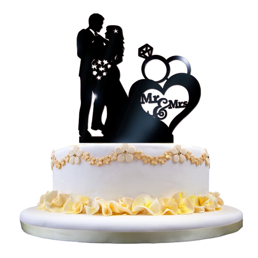 Gold Wedding Cake Bride & Groom Topper Mr & Mrs Love Heart Acrylic Decoration 