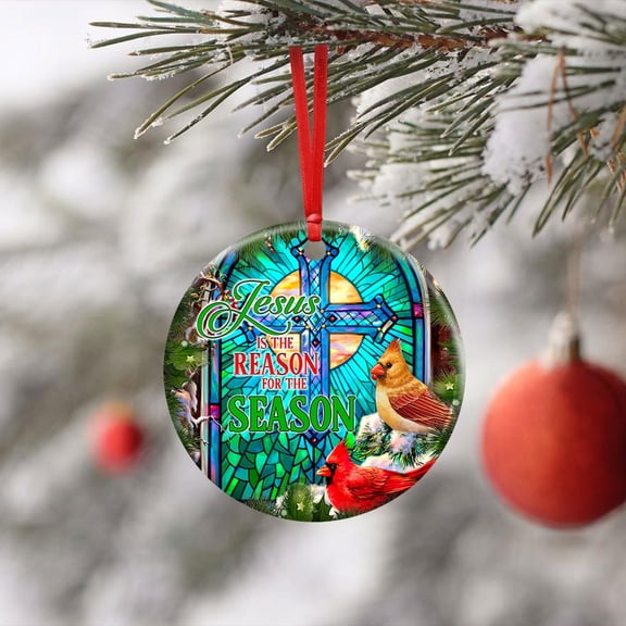 Ceramic Christmas Tree Ornaments, Jesus Is The Reason For The Season Hanging Ornament With Ribbon, Christmas Gifts - Circle, 1 Pcs
