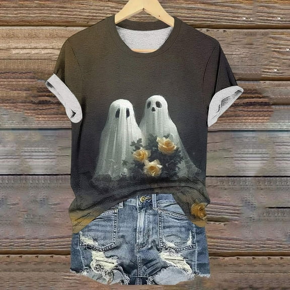 Jsaierl Women's Halloween Shirts Funny Pumpkin Ghost Print Tees Trendy Round Neck T-shirt Short Sleeve Dressy Casual Blouse Tops Halloween Clothes
