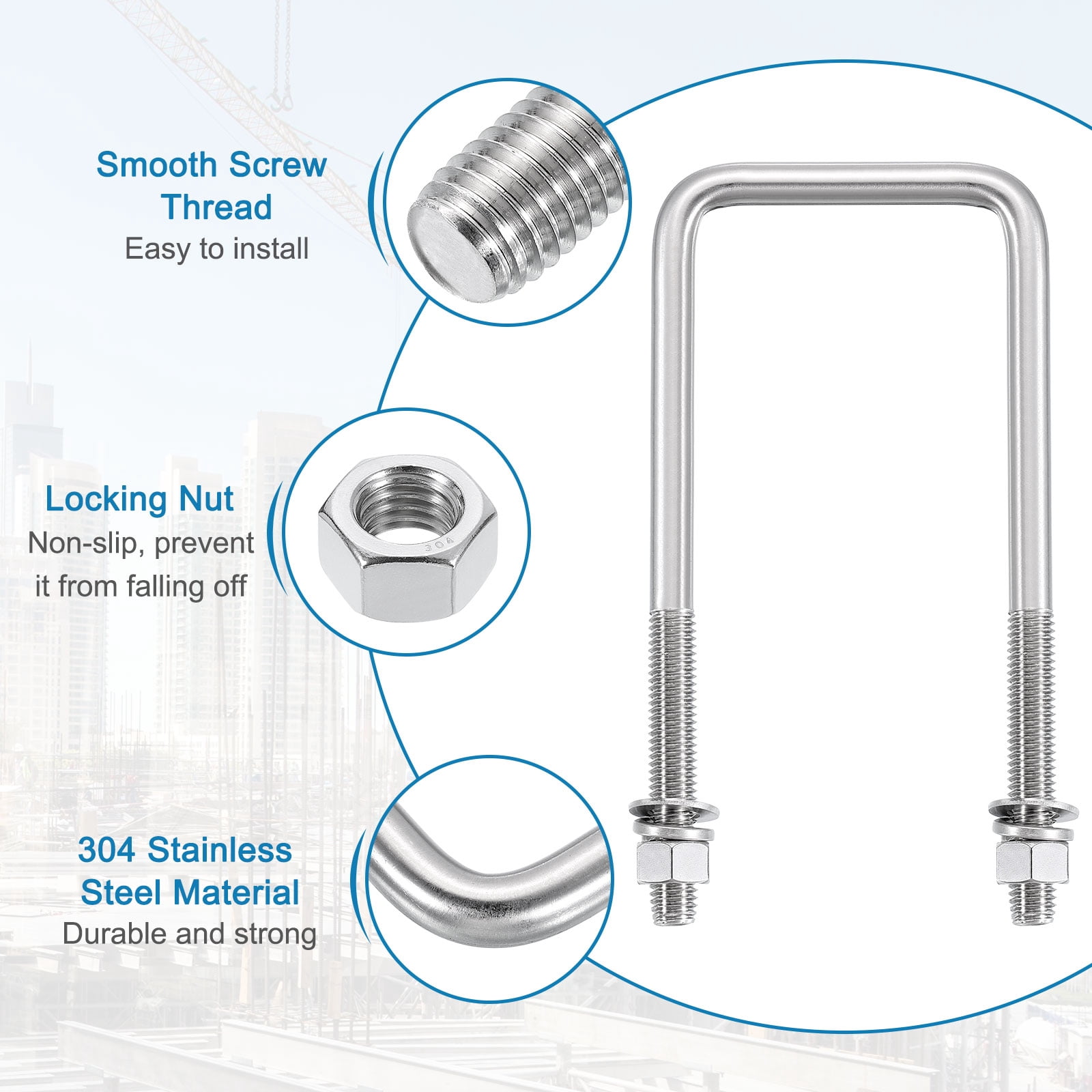 Uxcell U Bolts, 4 Set 3-1/16" x 7-5/16" - 304 Stainless Steel Square U Bolt with Washers and Nuts, Heavy Duty U-Bolts for Boat Trailer Ski Boat Trailer Sailboat Industrial Fasteners