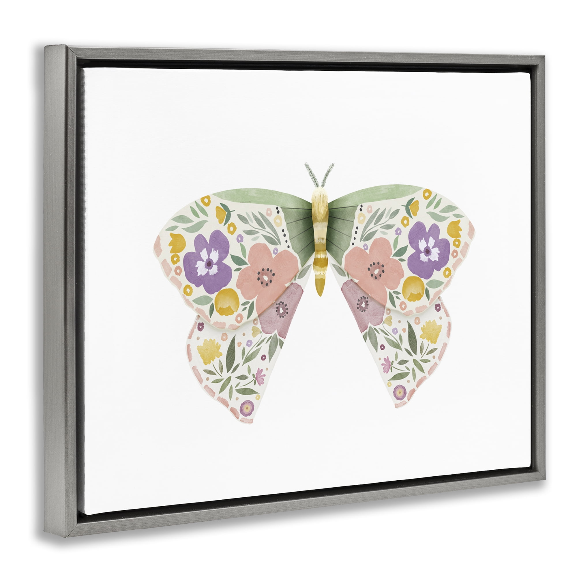 Stupell Industries Marigold Floral Moth Insects Painting Gray Floater Framed Canvas Art Print Wall Art, 21 x 17