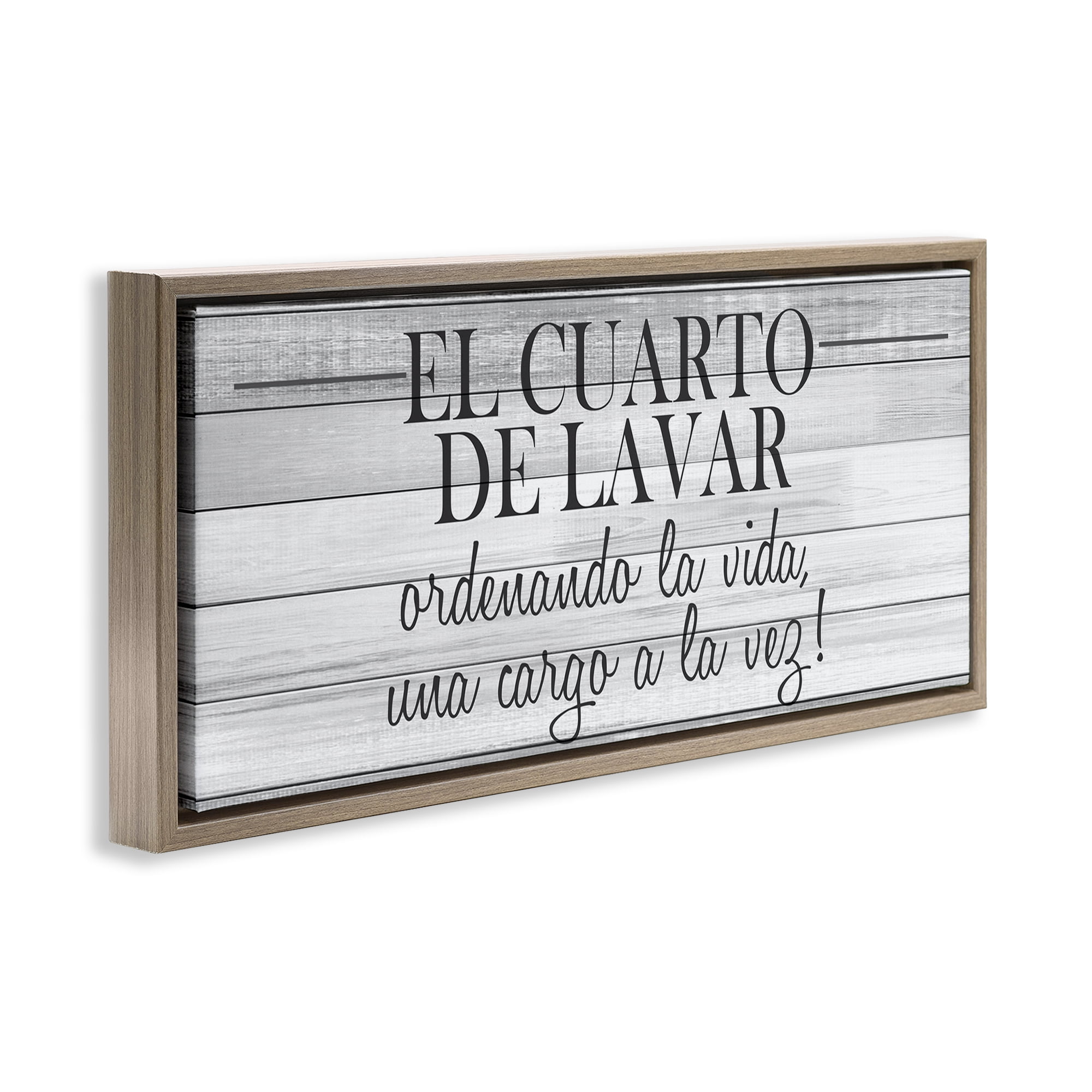 Stupell Industries Cuarto de Lavar Ordenando la Vida Bath & Laundry Painting Brown Floater Framed Art Print Wall Art, 31 x 14
