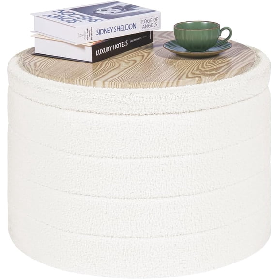 Round Ottoman with Stroage, Boucle Storage, Foot Stool Foldable Coffee Table Ottoman for Living Room, Bedroom, Dorm (Cream White)