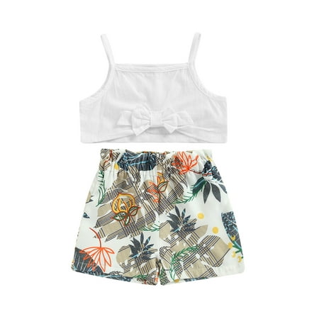 

Calsunbaby Kids Baby Girls Shorts Set Spaghetti Strap Bowknot Camisole with Leaves Print Shorts Summer Outfit White 2-3 Years