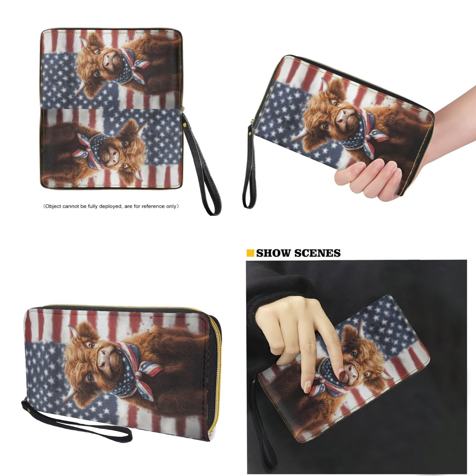 TSOVTHRID American Flag Highland Cattle Print Women's Handbag with Matching Wallet Tote Bag Top Handle Purse Satchel Clutch Wallet Set Hobo Shoulder Handbag for Shopping Working