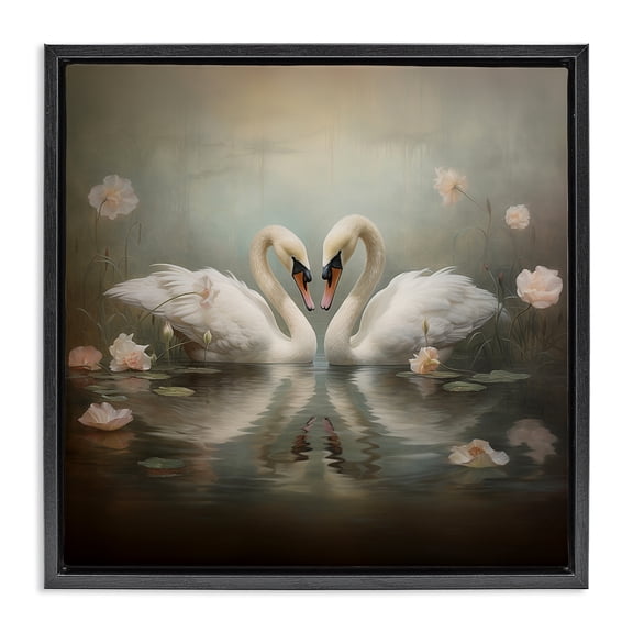 Stupell Industries Romantic Swans in Floral Pond Animals Painting Black Floater Framed Canvas Art Print Wall Art, 18 x 18