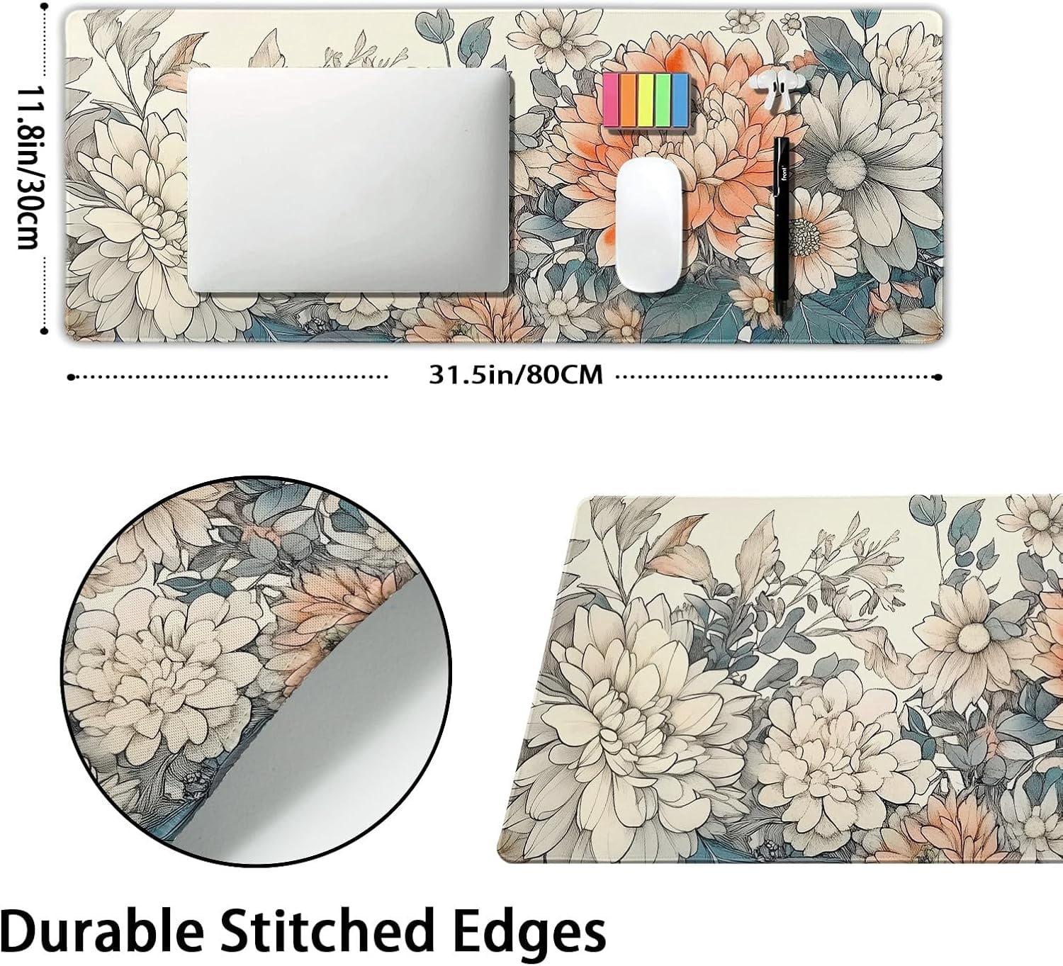 Japanese Aesthetic Floral Gaming Mouse Pad - XL Vintage Orange White Flowers, Extended Large Mat, Non-Slip Rubber Base, Stitched Edge, Long Keyboard Pad for Computer, 31.5x11.8 Inch