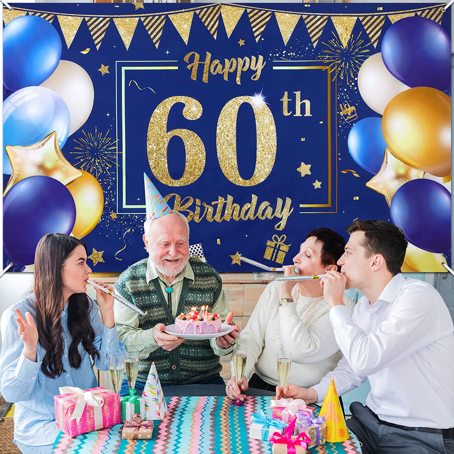 New Happy 60Th Birthday Banner Decorations For Men, Blue Gold 60 Birthday