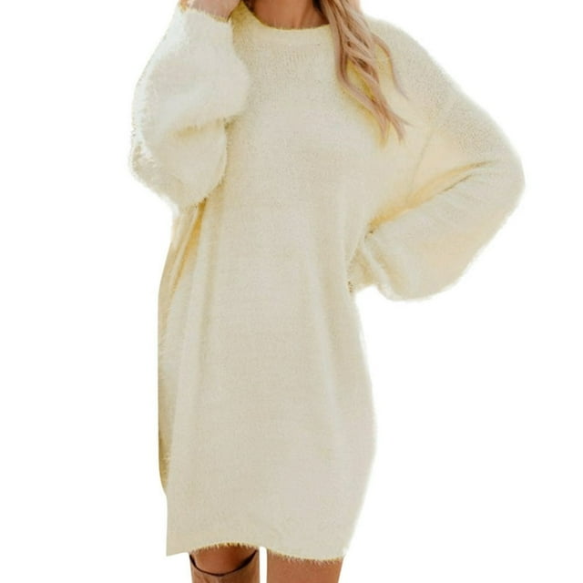 Chandail d'Hiver pour Femmes Tricoté Col Roulé Chaud Manches Longues avec Poche Mini Robe Chandail