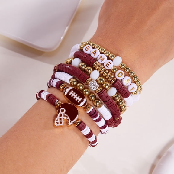 PISONIC Game Day Bracelets for Women - Heishi Clay Beaded Stretch Bracelets - Stackable Sports Charm Bracelet Bangles - Football Accessories & Outfits Jewelry Gifts