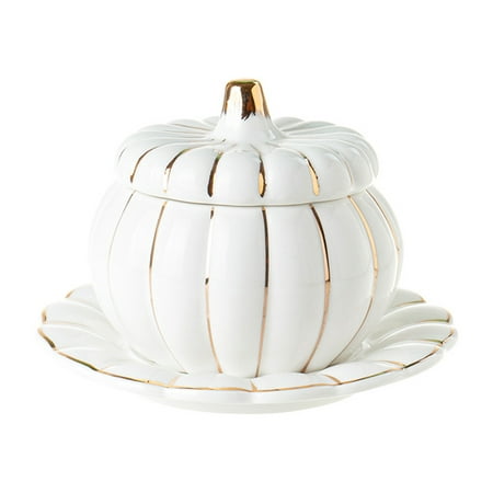 

NUOLUX 1 Set Pumpkin Shape Rice Bowl Double Kitchen Ceramic Plate with Lid (White)