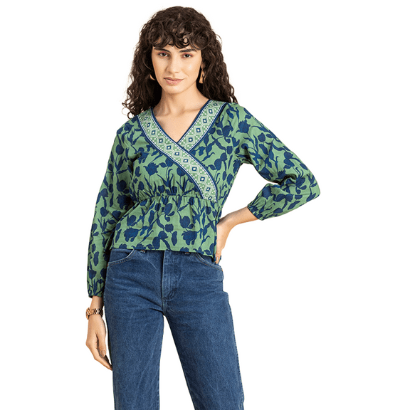 MoomayaWomens PrintedSurplice Neckline Top, Long Sleeves Designer Cotton Tops