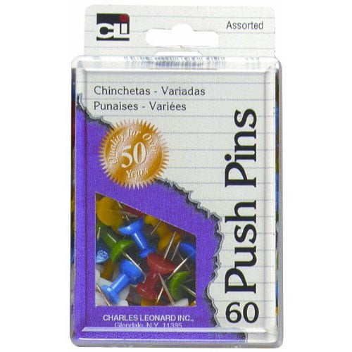 Assorted Colors Charles Leonard Push Pins in Reusable Box 79060 60/Box 