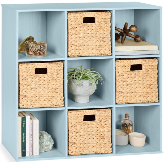 JessieMal Kids Bookcase 9-Cube Storage Organizer, 11in Shelf Opening, Bookshelf, Toy Storage, Customizable w/ 3 Removable Back Panels – Light Blue