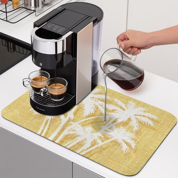 Palm Tree Dish Drying Mats for Kitchen Counter, Tropical Plant Coastal Summer Yellow Absorbent Coffee Bar Mat with Non-slip Rubber Backed Quick Drying Dish Rack Pad 16"x18"