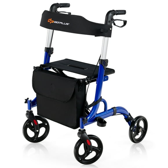 Costway Rollator Walker w/ Seat, Folding Aluminum Rolling Walker w/ 8-inch Wheels, Blue