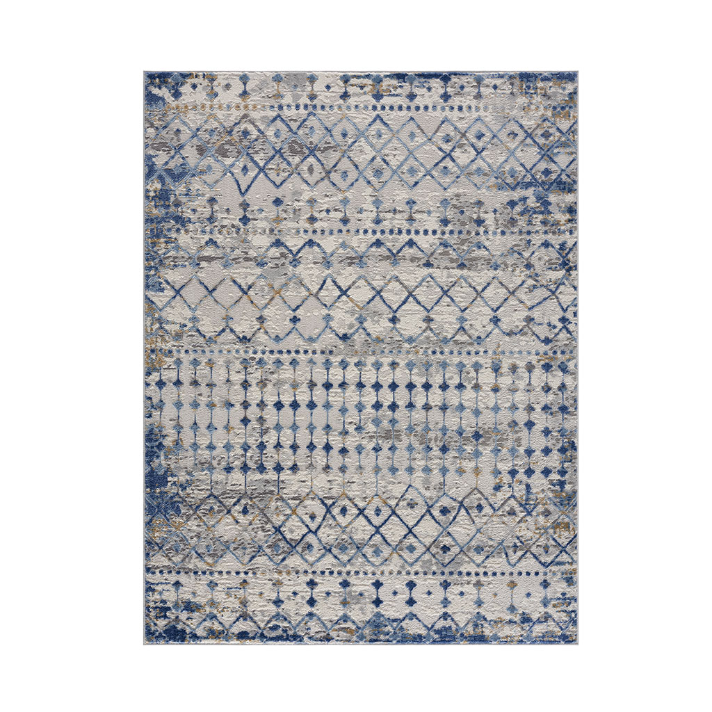 5x7 Blue Cream Geometric Rug Medium Pile Stain Fade Resistant Non-Slip Latex Backing Easy Clean for High-Traffic Living Room