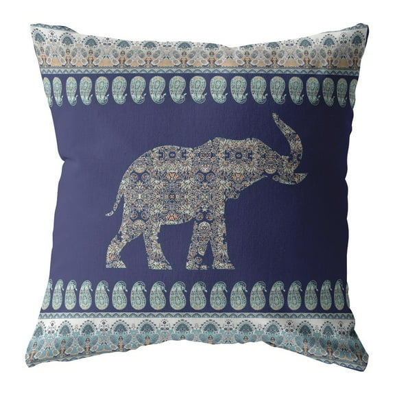 20â€ Navy Ornate Elephant Indoor Outdoor Throw Pillow