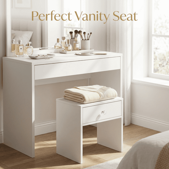 White Vanity Stool with Drawer, Cute Makeup Seat for Vanity Desk, Bedroom Dressing Table Stool for Teen Girls