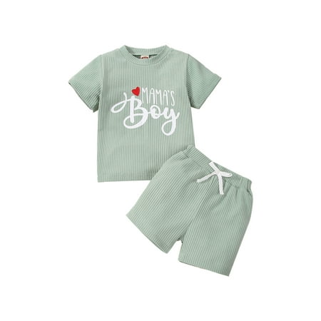 

Baby Shorts Set Ribbed Letter Heart Print Short Sleeve Crew Neck Tops+High Waist Shorts Set