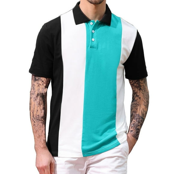 Polo Shirts for Men Striped Collared Golf Shirt 2-Button Short Sleeve Dress Shirt Slim Fit Summer Pullover Top Tee