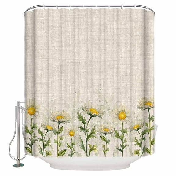 Fabric Shower Curtain Daisy Floral Plants Watercolor Rustic Linen Shower Curtains with 12 Hooks Waterproof Machine Washable Bath Curtains for Bathroom, 66 x 72in